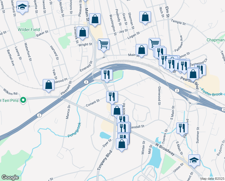 map of restaurants, bars, coffee shops, grocery stores, and more near 10 Crawford Street in Gardner