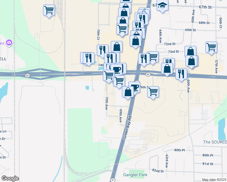 map of restaurants, bars, coffee shops, grocery stores, and more near 7601 70th Avenue in Kenosha
