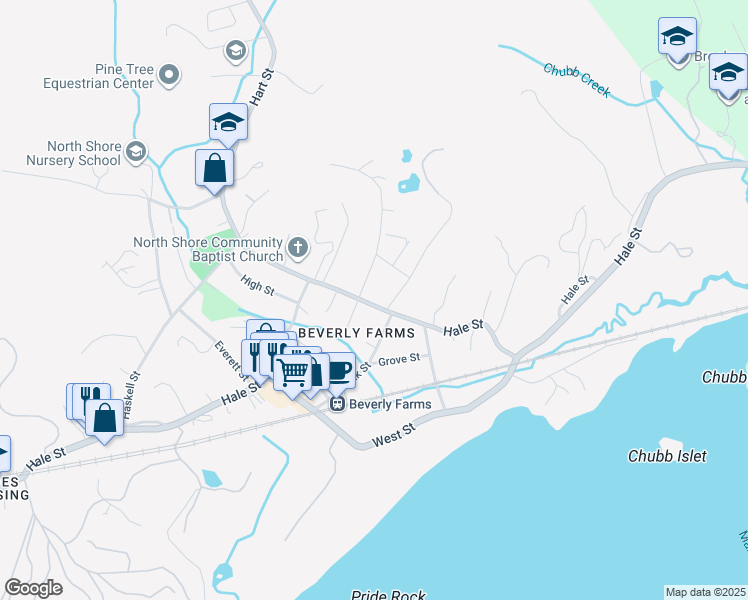 map of restaurants, bars, coffee shops, grocery stores, and more near 824 Hale Street in Beverly