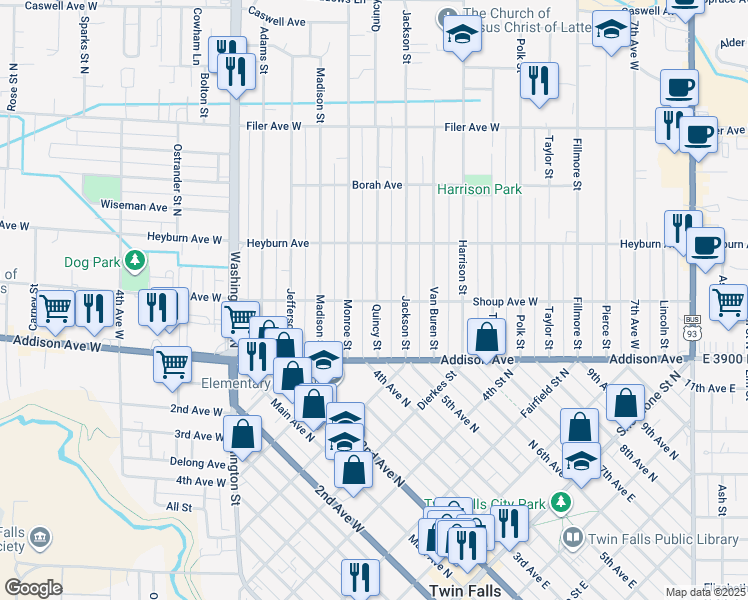 map of restaurants, bars, coffee shops, grocery stores, and more near 227 Quincy Street in Twin Falls