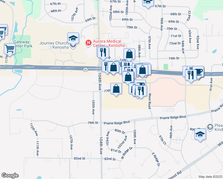 map of restaurants, bars, coffee shops, grocery stores, and more near 10225 77th Street in Pleasant Prairie