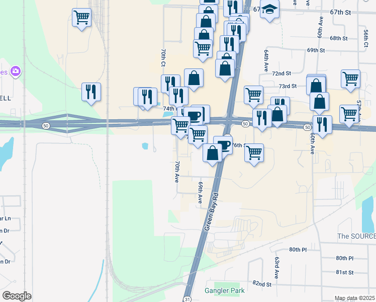 map of restaurants, bars, coffee shops, grocery stores, and more near 7601 70th Avenue in Kenosha