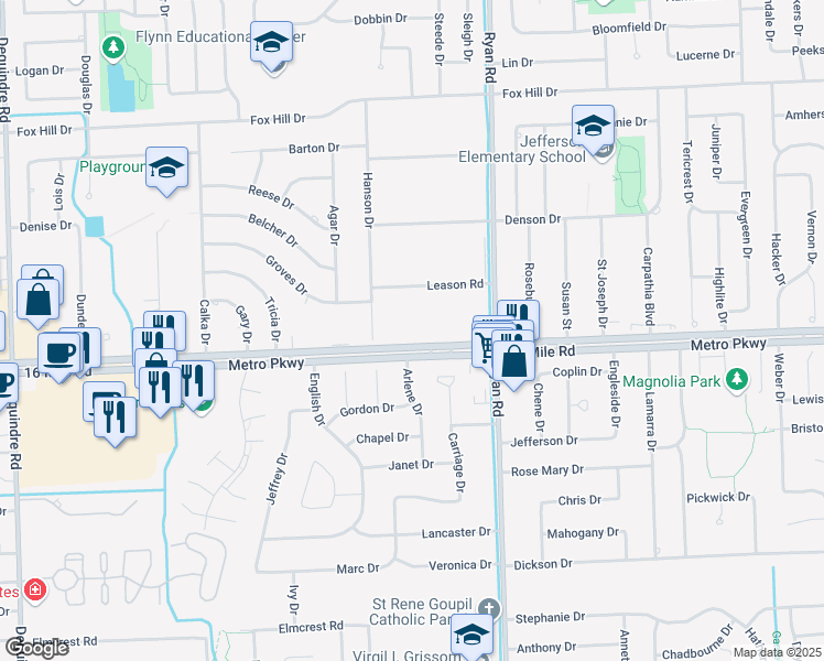 map of restaurants, bars, coffee shops, grocery stores, and more near 3555 Metro Parkway in Sterling Heights