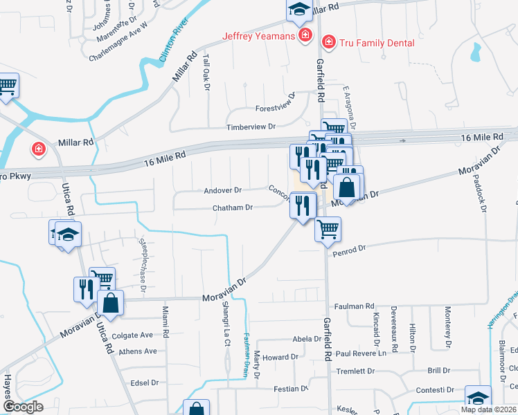 map of restaurants, bars, coffee shops, grocery stores, and more near 16342 Chatham Drive in Charter Township of Clinton