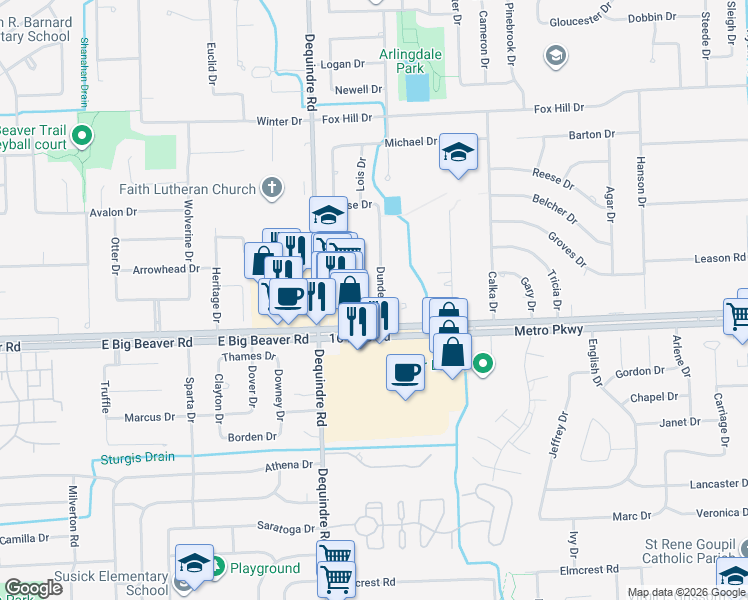 map of restaurants, bars, coffee shops, grocery stores, and more near 37191 Dundee Street in Sterling Heights
