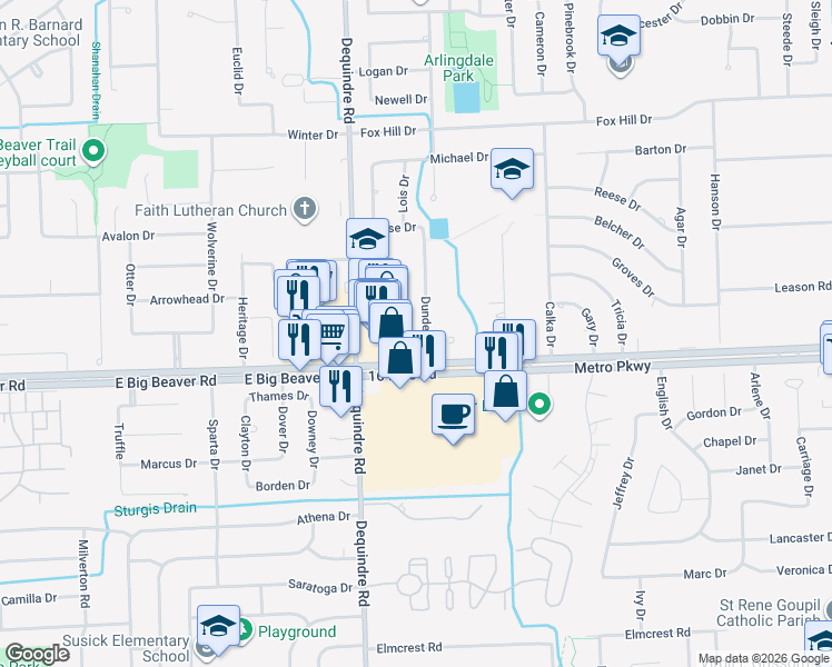 map of restaurants, bars, coffee shops, grocery stores, and more near 37191 Dundee Street in Sterling Heights