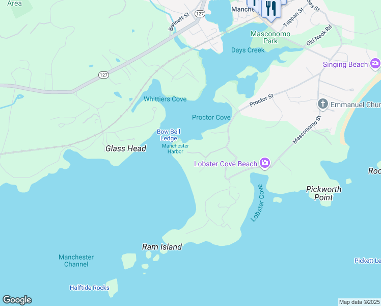 map of restaurants, bars, coffee shops, grocery stores, and more near 84 Proctor Street in Manchester-by-the-Sea