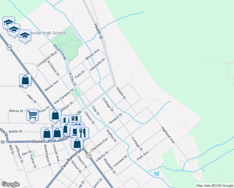 map of restaurants, bars, coffee shops, grocery stores, and more near 25 Health Street in Dansville