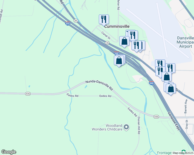map of restaurants, bars, coffee shops, grocery stores, and more near 5575 New York 436 in Dansville