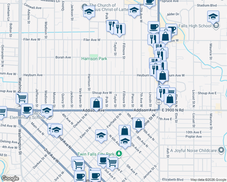 map of restaurants, bars, coffee shops, grocery stores, and more near 227 Taylor Street in Twin Falls
