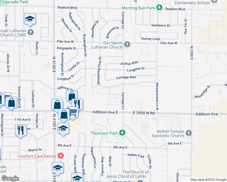 map of restaurants, bars, coffee shops, grocery stores, and more near 2534 Whispering Pine Drive in Twin Falls