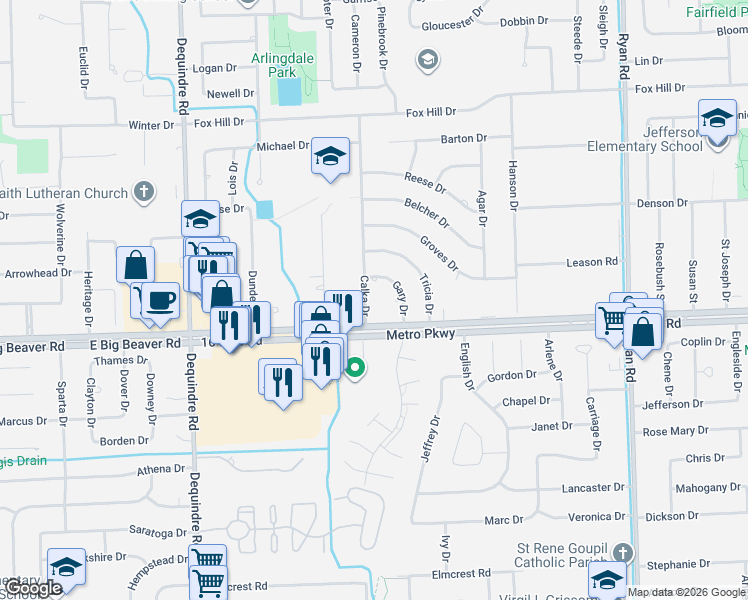 map of restaurants, bars, coffee shops, grocery stores, and more near 37165 Gary Drive in Sterling Heights