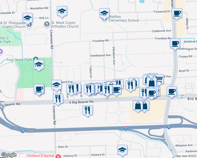 map of restaurants, bars, coffee shops, grocery stores, and more near 365 Hartland Drive in Troy