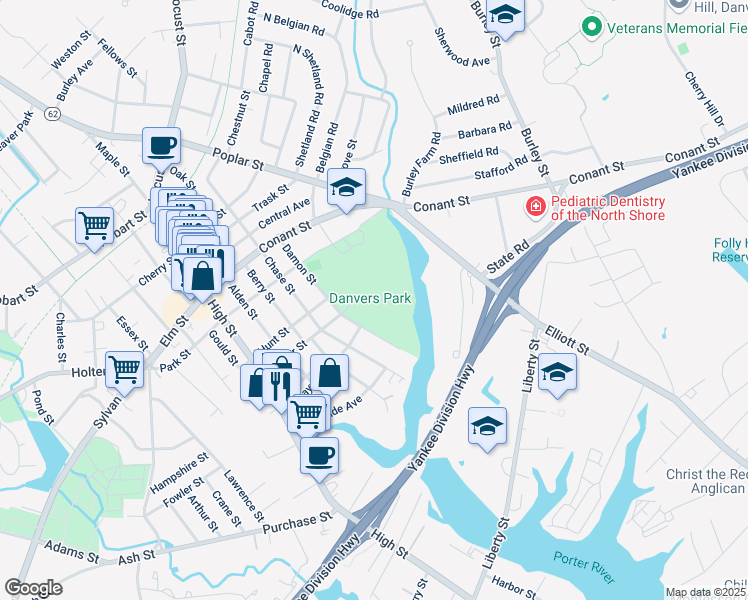 map of restaurants, bars, coffee shops, grocery stores, and more near 66 Porter Street in Danvers