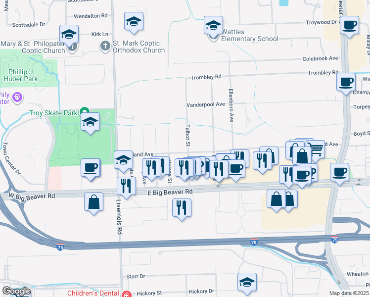 map of restaurants, bars, coffee shops, grocery stores, and more near 3175 Talbot Street in Troy