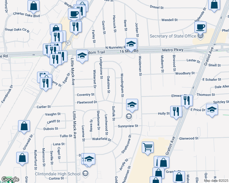 map of restaurants, bars, coffee shops, grocery stores, and more near 36287 Suffolk Street in Clinton Township