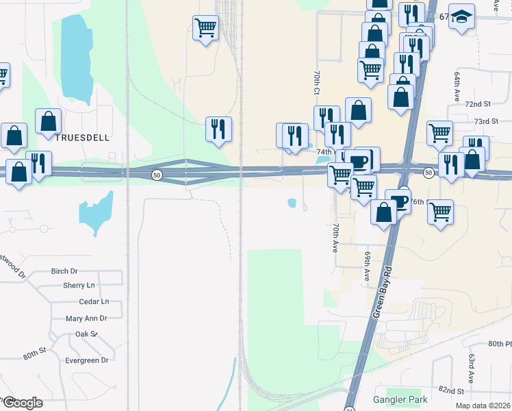 map of restaurants, bars, coffee shops, grocery stores, and more near 7325 75th Street in Kenosha