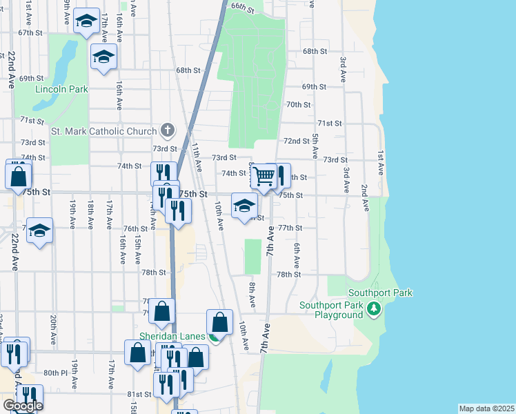 map of restaurants, bars, coffee shops, grocery stores, and more near 7520 7th Court in Kenosha