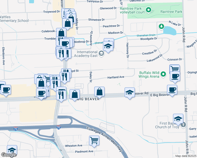 map of restaurants, bars, coffee shops, grocery stores, and more near 1255 Hartland Street in Troy