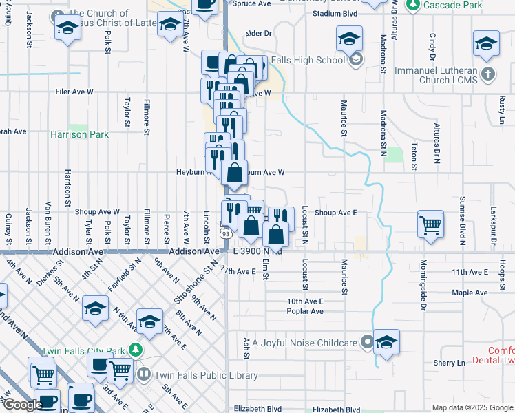 map of restaurants, bars, coffee shops, grocery stores, and more near 178-290 Ash St N in Twin Falls