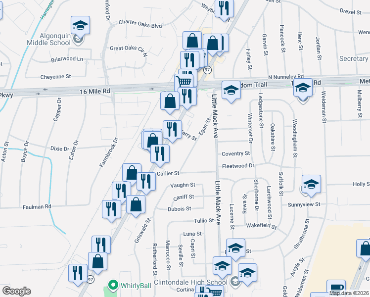map of restaurants, bars, coffee shops, grocery stores, and more near 36534 Groesbeck Highway in Clinton Township