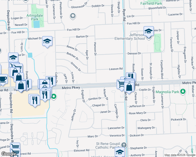 map of restaurants, bars, coffee shops, grocery stores, and more near 37048 Hanson Drive in Sterling Heights