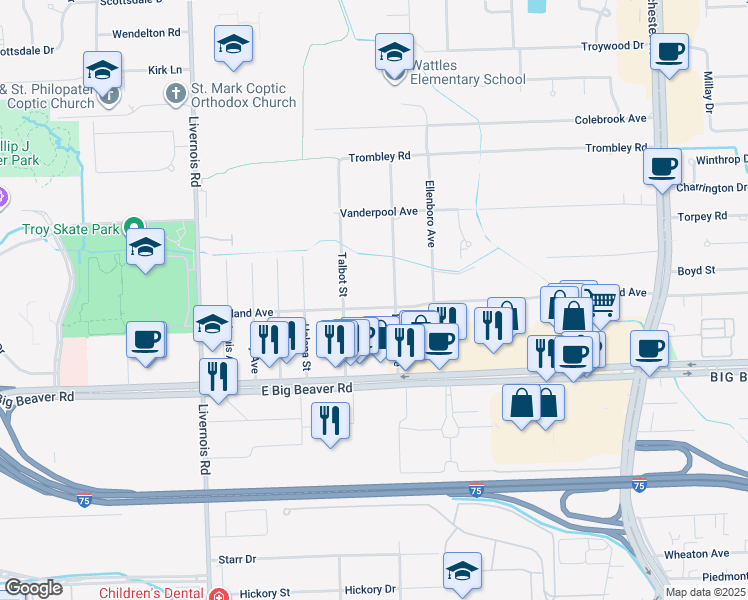 map of restaurants, bars, coffee shops, grocery stores, and more near 365 Hartland Dr in Troy