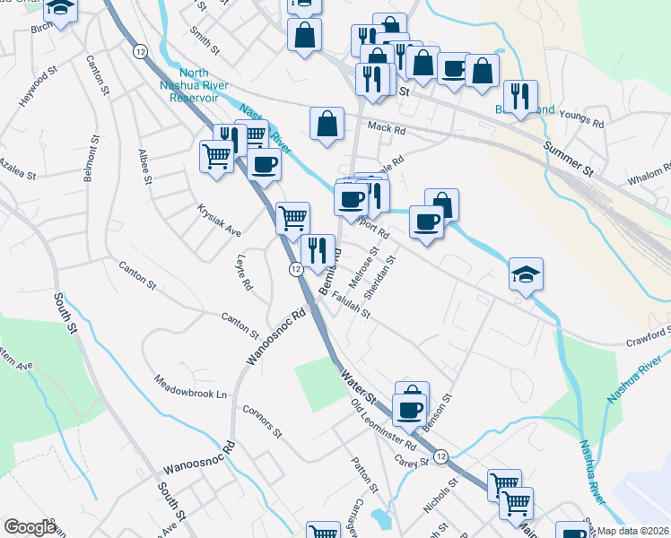 map of restaurants, bars, coffee shops, grocery stores, and more near 51 Bemis Road in Fitchburg