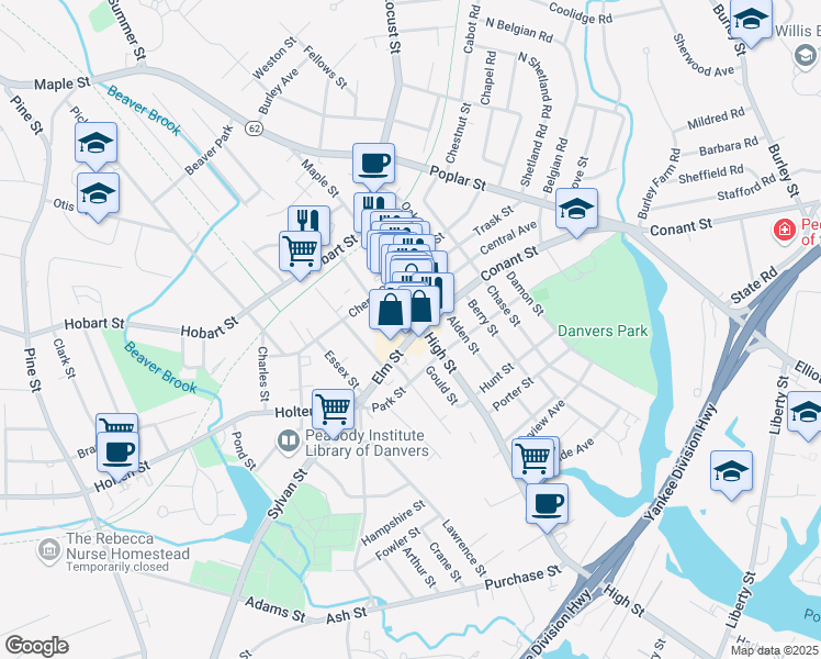map of restaurants, bars, coffee shops, grocery stores, and more near 5 Page Street in Danvers