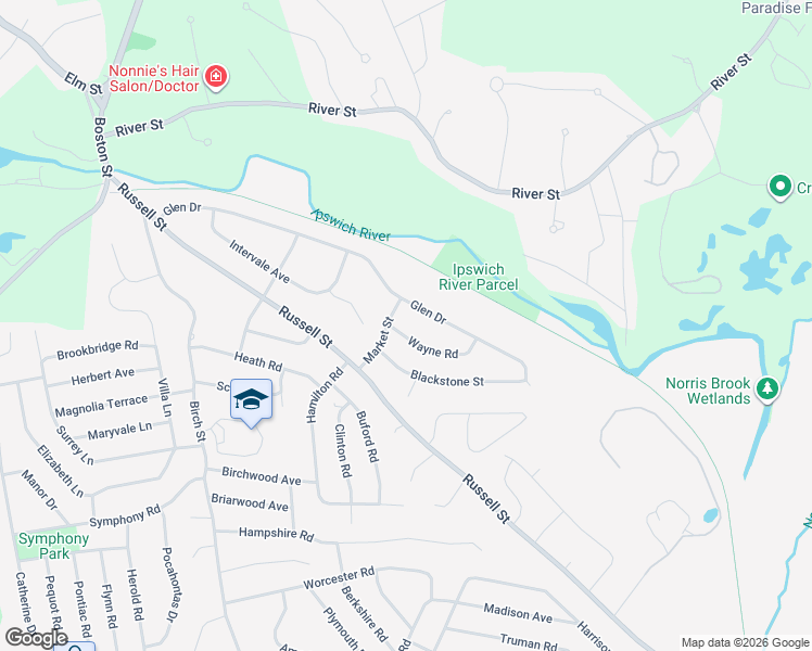map of restaurants, bars, coffee shops, grocery stores, and more near 9 Market Street in Peabody