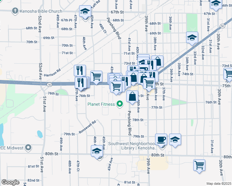 map of restaurants, bars, coffee shops, grocery stores, and more near 7516 Pershing Blvd in Kenosha