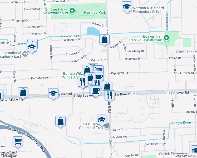 map of restaurants, bars, coffee shops, grocery stores, and more near 3125 John R Road in Troy
