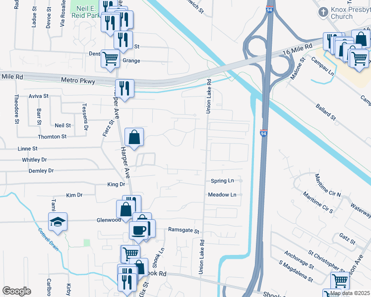 map of restaurants, bars, coffee shops, grocery stores, and more near 24382 Eastwood Village Court in Clinton Township