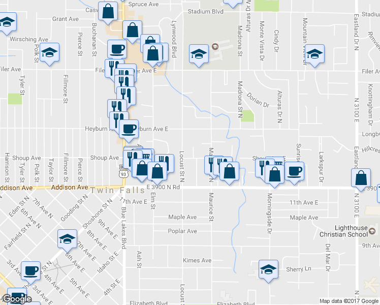 map of restaurants, bars, coffee shops, grocery stores, and more near 211 Juniper Street North in Twin Falls
