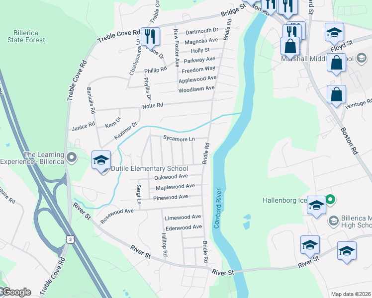 map of restaurants, bars, coffee shops, grocery stores, and more near 18 Sycamore Lane in Billerica