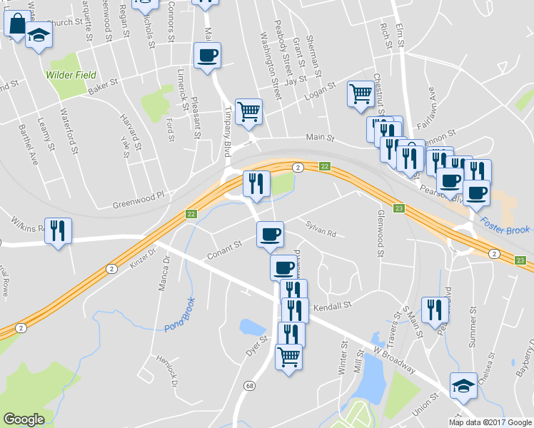 map of restaurants, bars, coffee shops, grocery stores, and more near 10 Crawford Street in Gardner