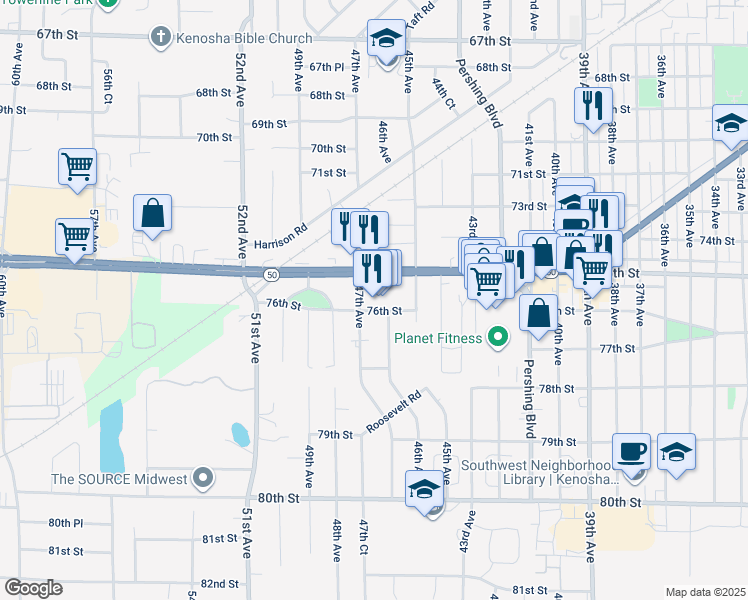 map of restaurants, bars, coffee shops, grocery stores, and more near 4627 75th Street in Kenosha