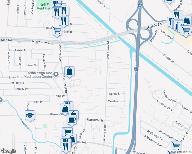 map of restaurants, bars, coffee shops, grocery stores, and more near 24382 Eastwood Village Court in Clinton Township