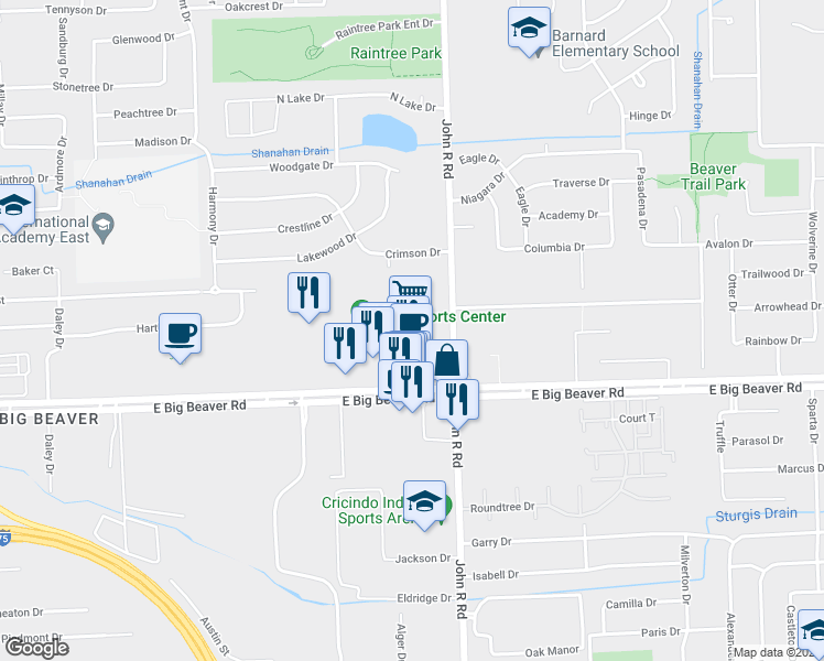 map of restaurants, bars, coffee shops, grocery stores, and more near 3125 John R Road in Troy