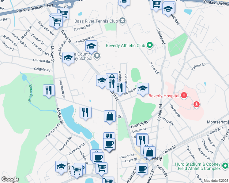 map of restaurants, bars, coffee shops, grocery stores, and more near 491 Cabot Street in Beverly