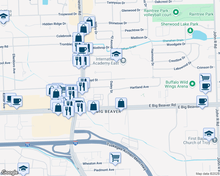 map of restaurants, bars, coffee shops, grocery stores, and more near 1184 Hartland Avenue in Troy