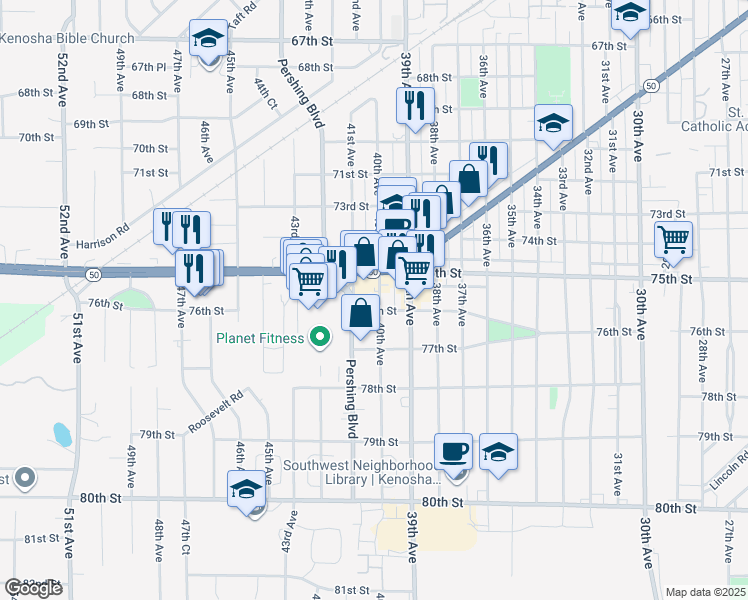 map of restaurants, bars, coffee shops, grocery stores, and more near 7528 40th Ave in Kenosha