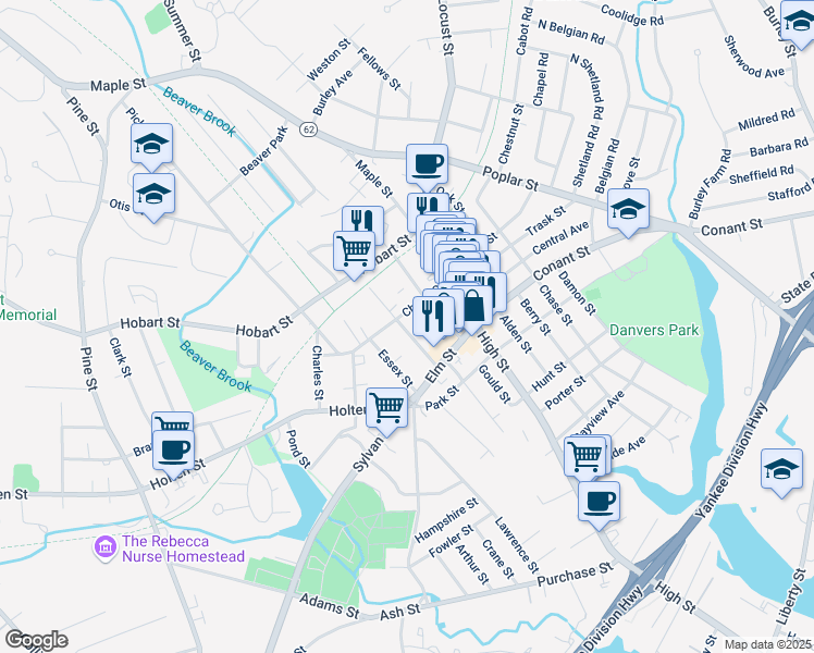 map of restaurants, bars, coffee shops, grocery stores, and more near 17 Putnam Street in Danvers