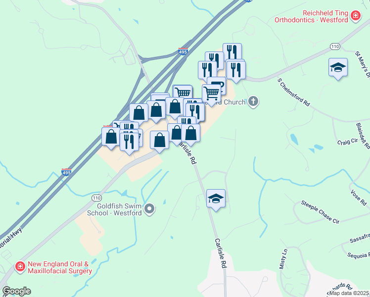 map of restaurants, bars, coffee shops, grocery stores, and more near 5 Carlisle Road in Westford