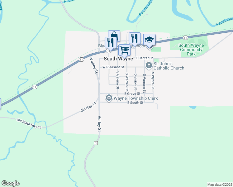 map of restaurants, bars, coffee shops, grocery stores, and more near 50 East Grove Street in South Wayne