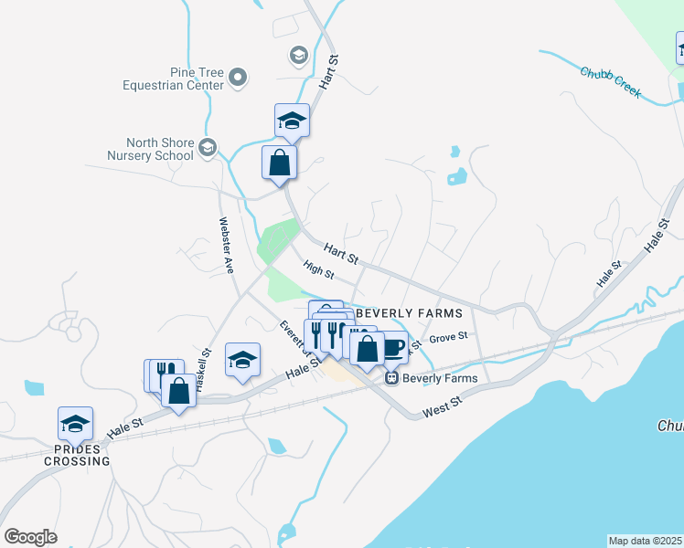 map of restaurants, bars, coffee shops, grocery stores, and more near 6 Hart Street in Beverly