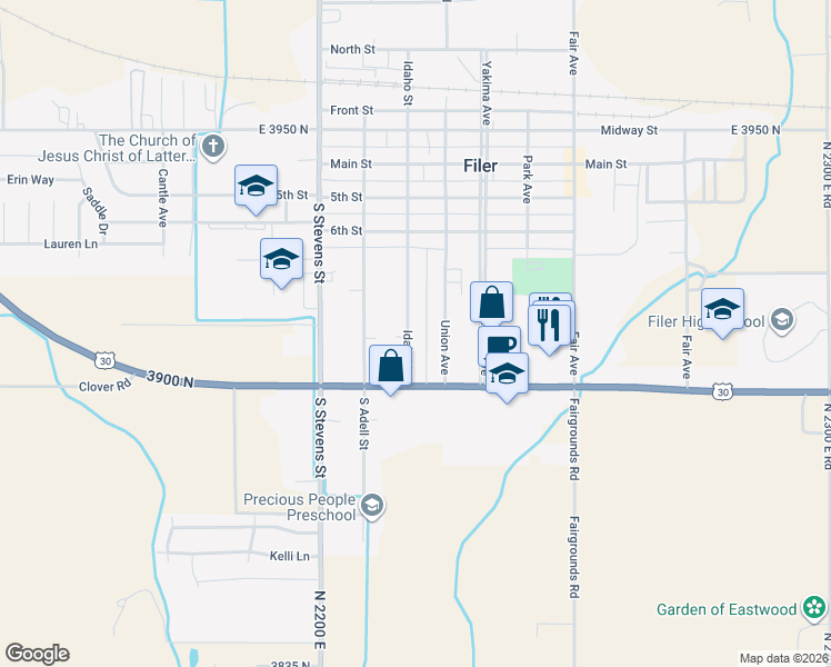 map of restaurants, bars, coffee shops, grocery stores, and more near 807 Idaho Street in Filer
