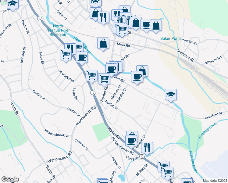 map of restaurants, bars, coffee shops, grocery stores, and more near 56 Melrose Street in Fitchburg