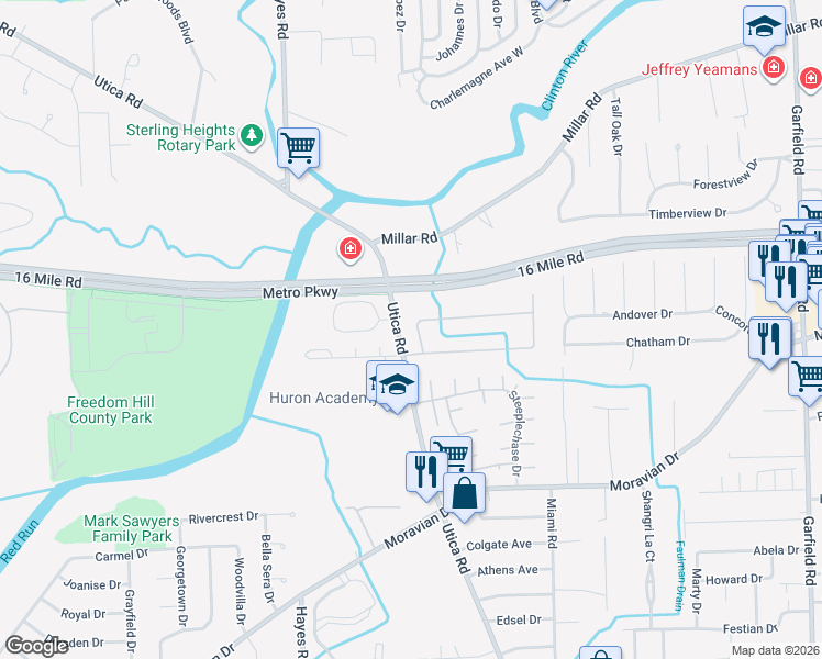 map of restaurants, bars, coffee shops, grocery stores, and more near 15553 Timbers Edge Drive in Clinton Township