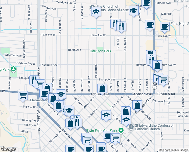 map of restaurants, bars, coffee shops, grocery stores, and more near 230 Van Buren Street in Twin Falls
